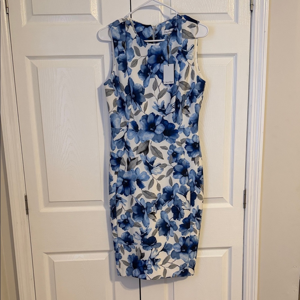 Calvin Klein White and Blue Floral Midi Dress
